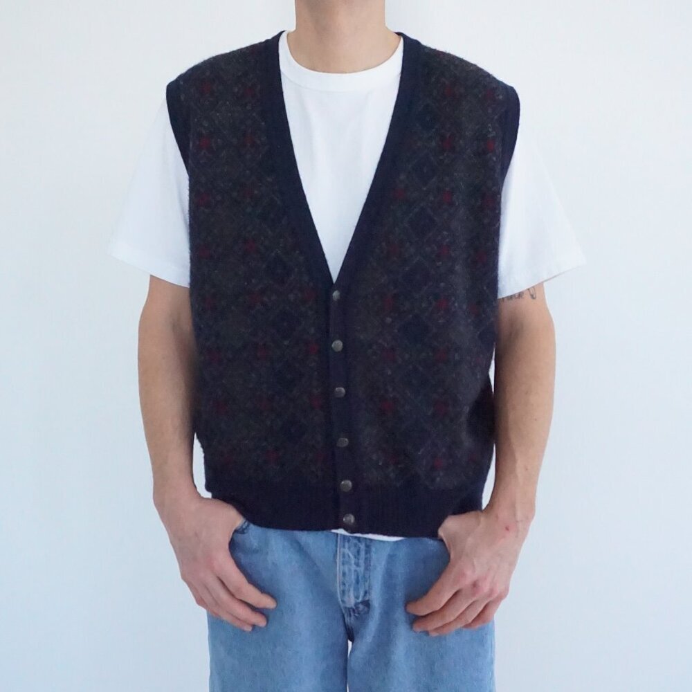 Gian Alberto Navy Wool Blend Argyle Eclectic Grandpa Preppy Button Vest XXL